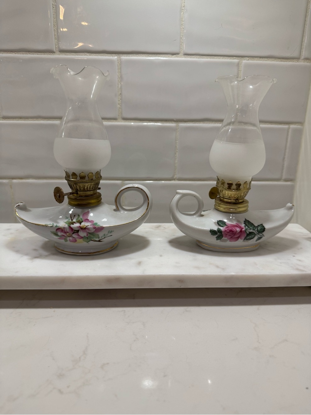 Vintage Made in Japan Porcelain Mini Oil Lamps – Floral Aladdin Genie Style Set